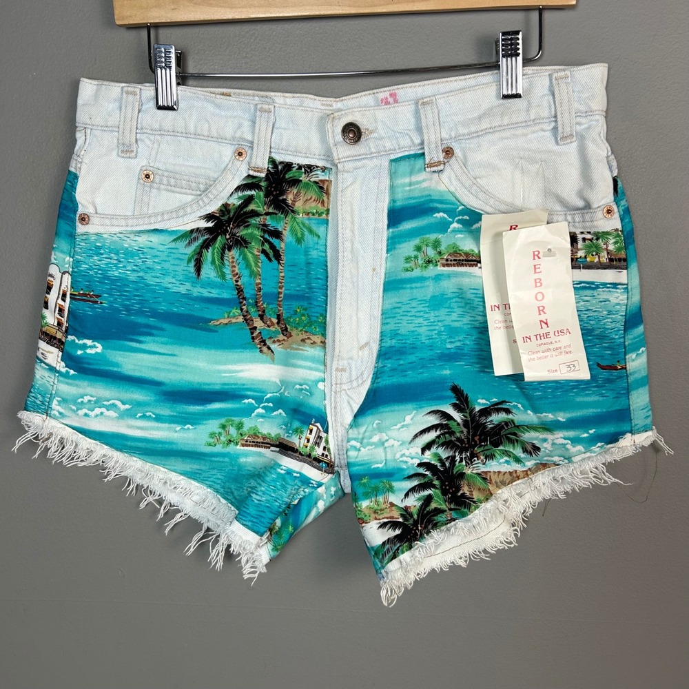 Vintage Cut-off Shorts Levis 505 womens 33 Upcycled Patchwork USA Tropical 90s